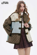 ELFSACK Retro Plush Trim Patchwork Jacket