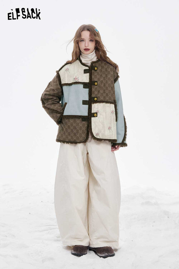 ELFSACK Retro Plush Trim Patchwork Jacket