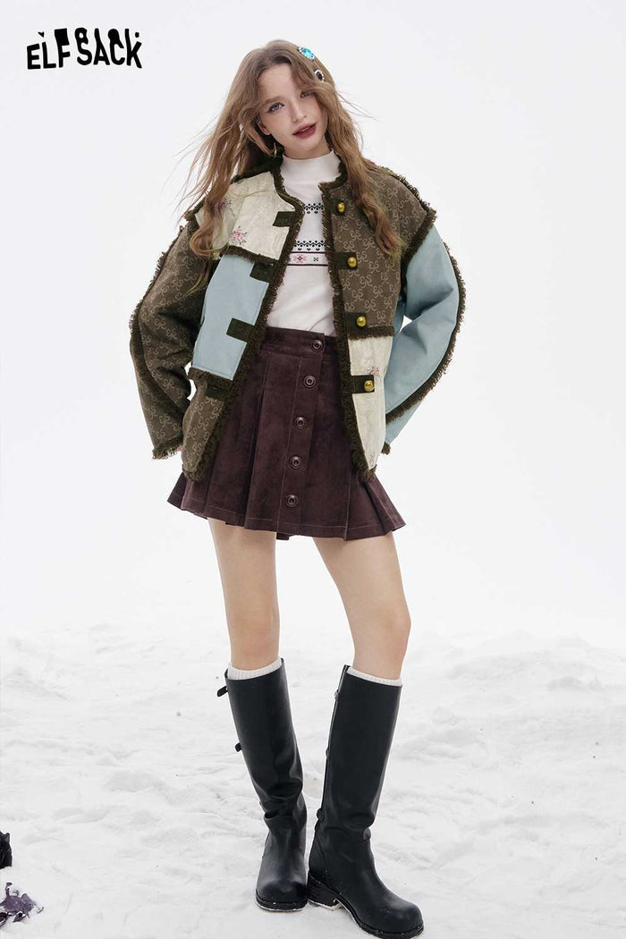 ELFSACK Retro Plush Trim Patchwork Jacket