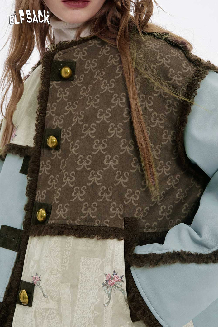 ELFSACK Retro Plush Trim Patchwork Jacket