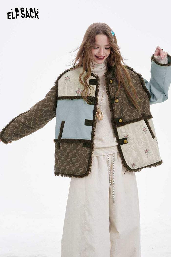 ELFSACK Retro Plush Trim Patchwork Jacket