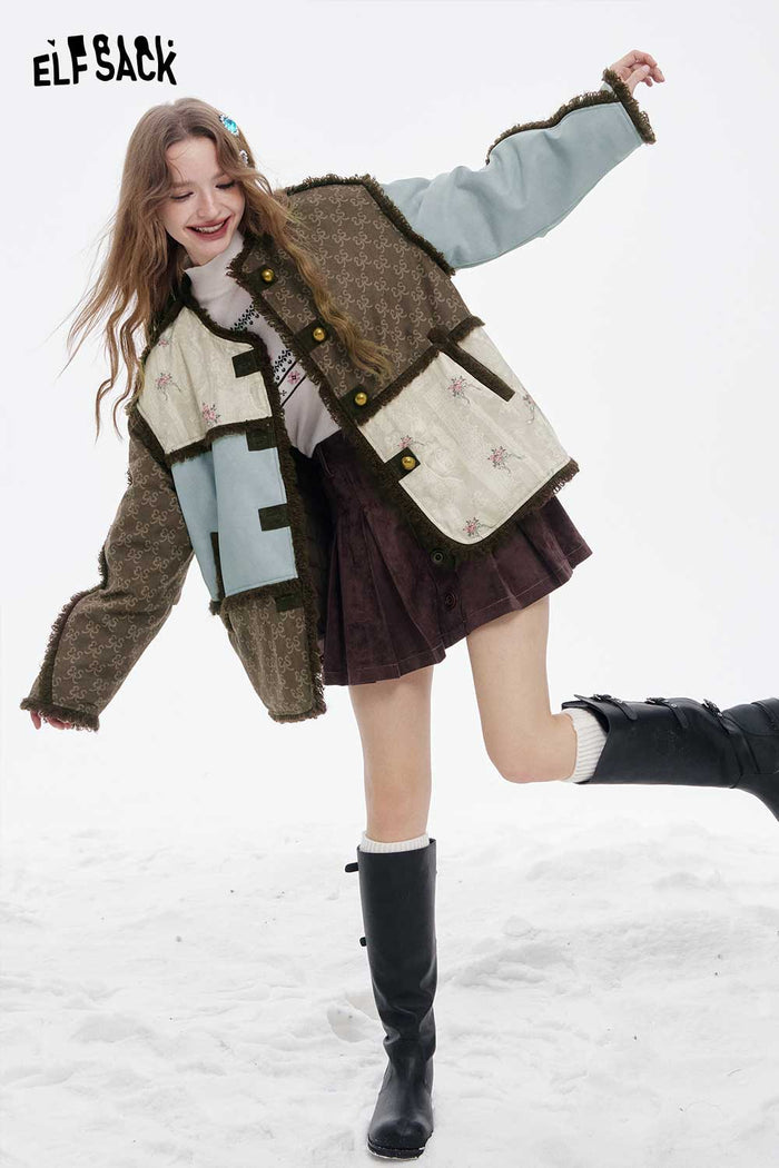 ELFSACK Retro Plush Trim Patchwork Jacket