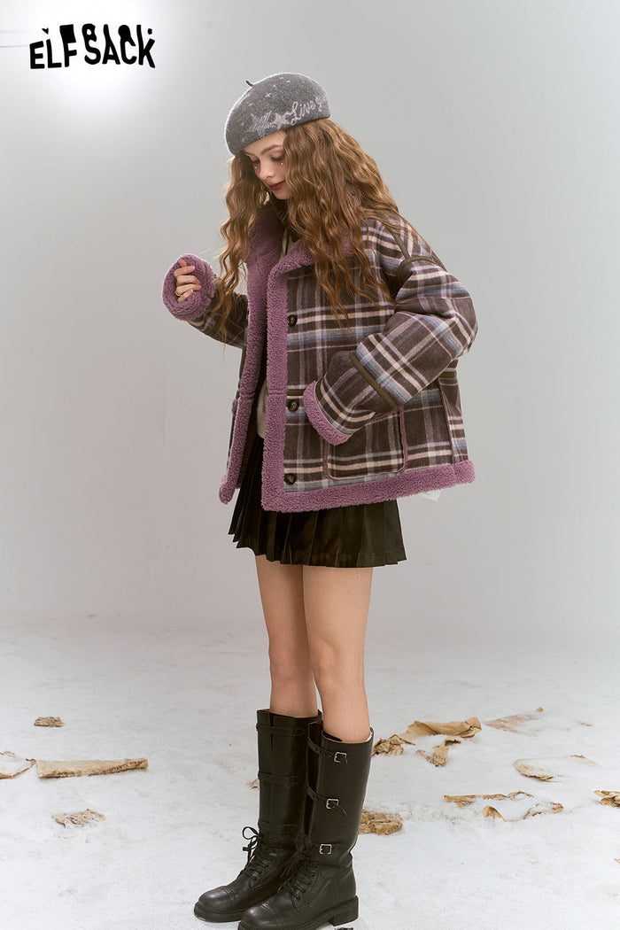 ELFSACK Retro Preppy Style plaid short plush thick warm coat