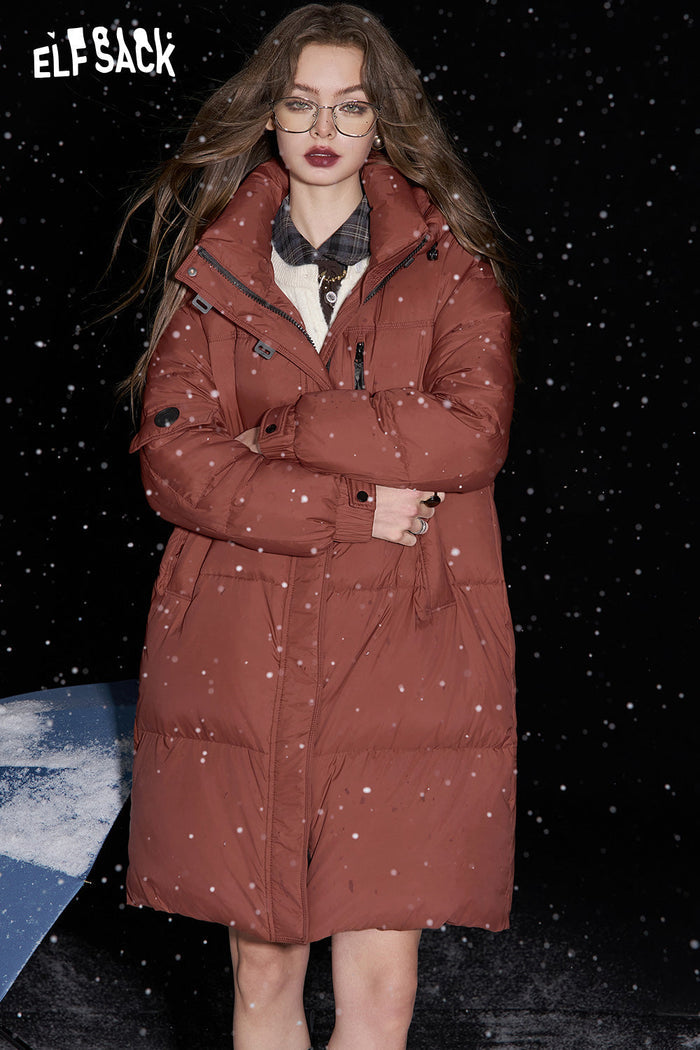 ELFSACK Retro simple mid-length hooded down coat