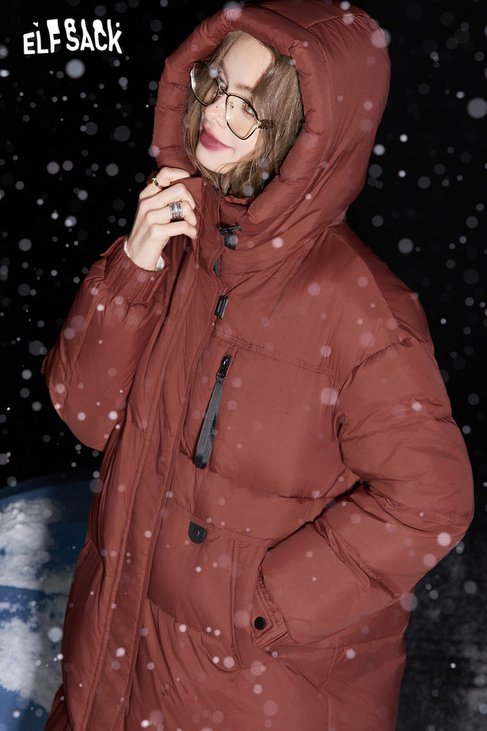 ELFSACK Retro simple mid-length hooded down coat
