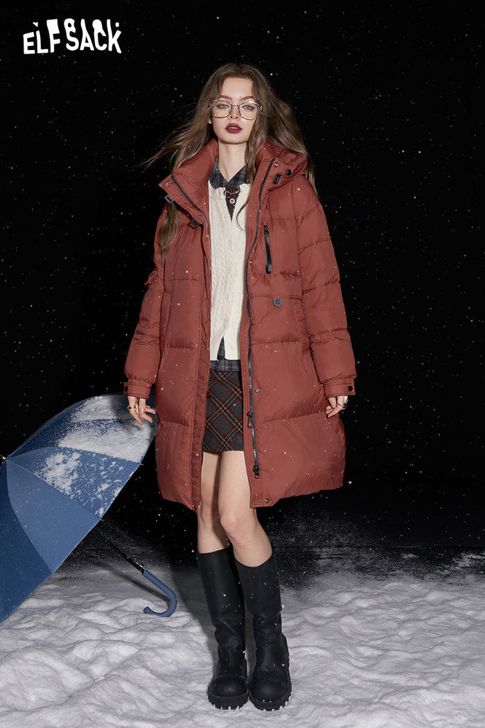 ELFSACK Retro simple mid-length hooded down coat