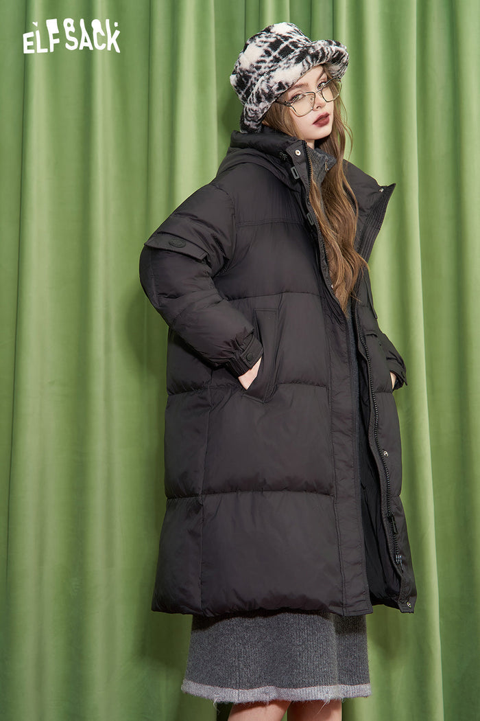 ELFSACK Retro simple mid-length hooded down coat