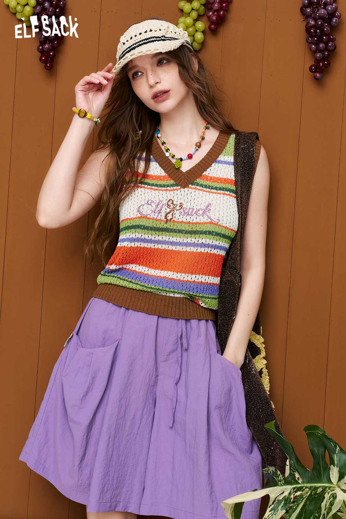 ELFSACK Retro Striped Embroidered Knit Vest