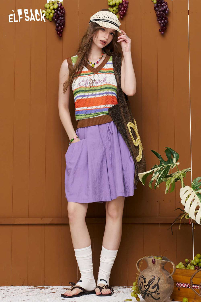 ELFSACK Retro Striped Embroidered Knit Vest