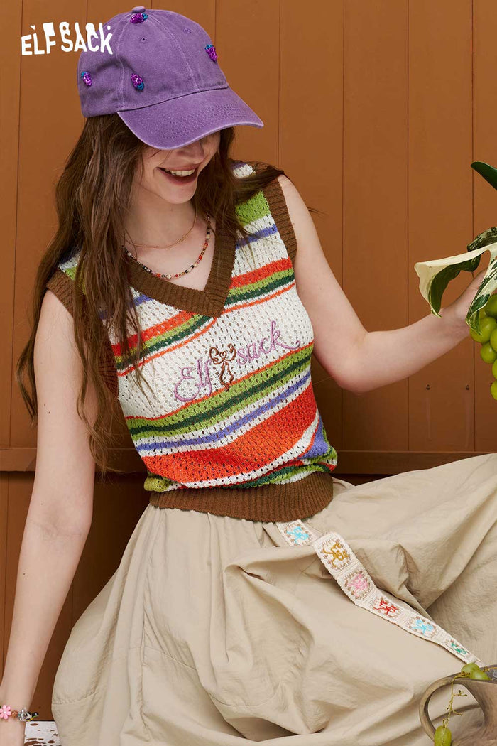 ELFSACK Retro Striped Embroidered Knit Vest