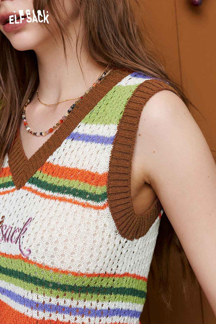 ELFSACK Retro Striped Embroidered Knit Vest