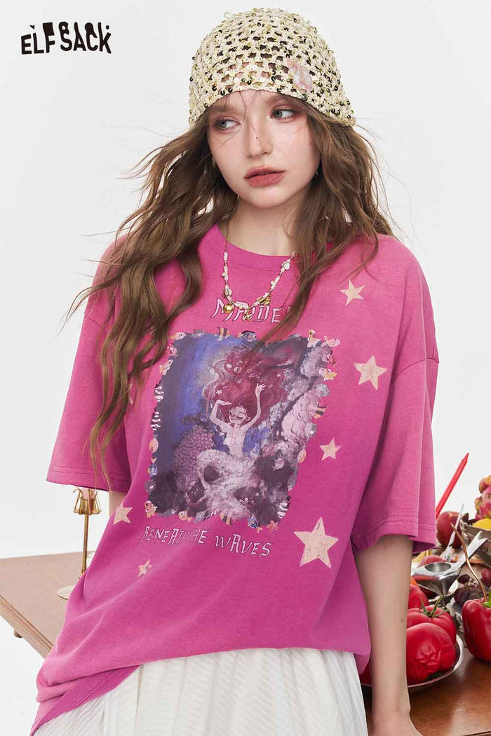 ELFSACK Retro Washed Pink Mermaid Graphic Tee