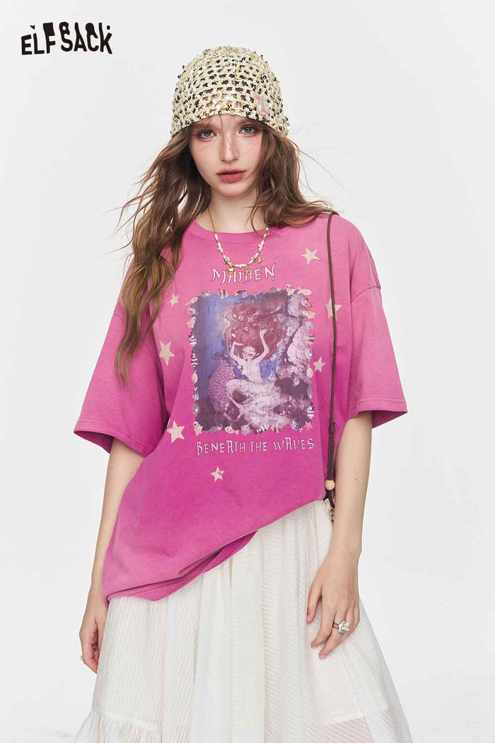 ELFSACK Retro Washed Pink Mermaid Graphic Tee