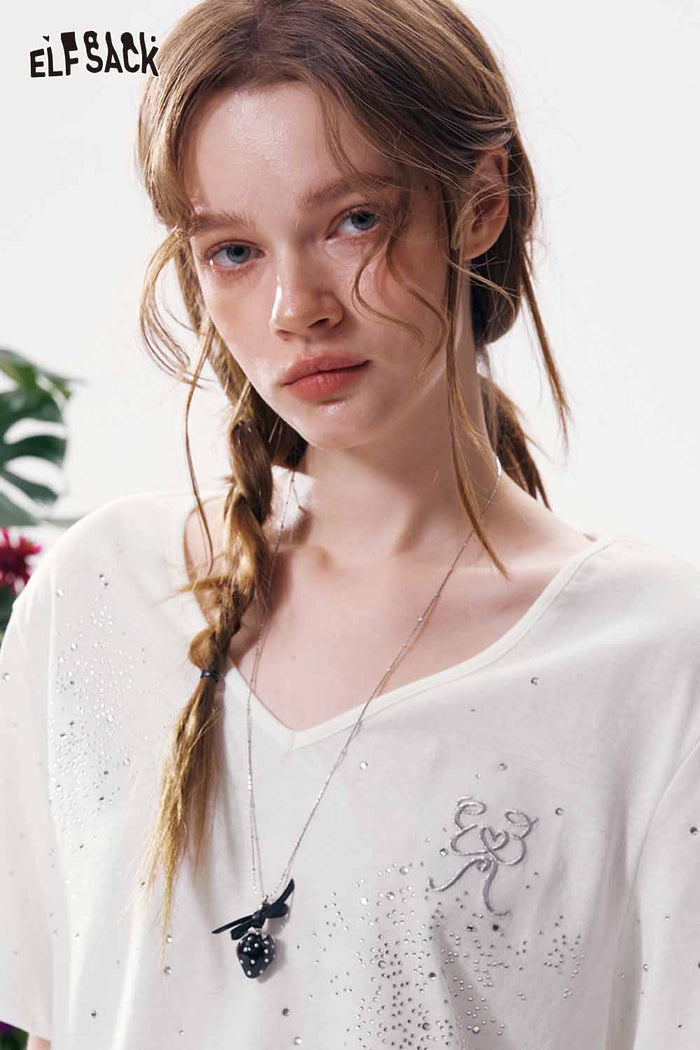 ELFSACK Rhinestone Bow Graphic V-Neck T-Shirt