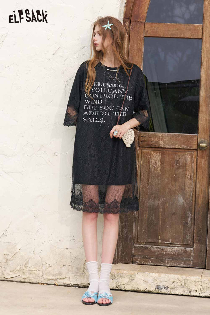 ELFSACK Rhinestone Bow Lace Patchwork T Shirt Dress