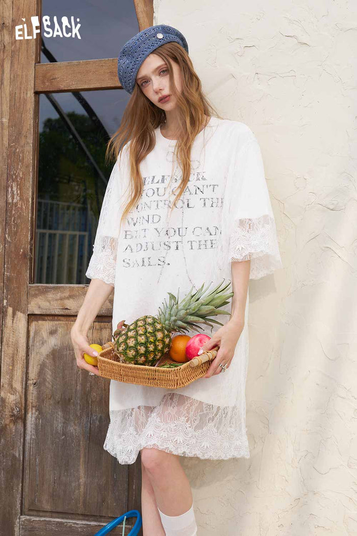 ELFSACK Rhinestone Bow Lace Patchwork T Shirt Dress