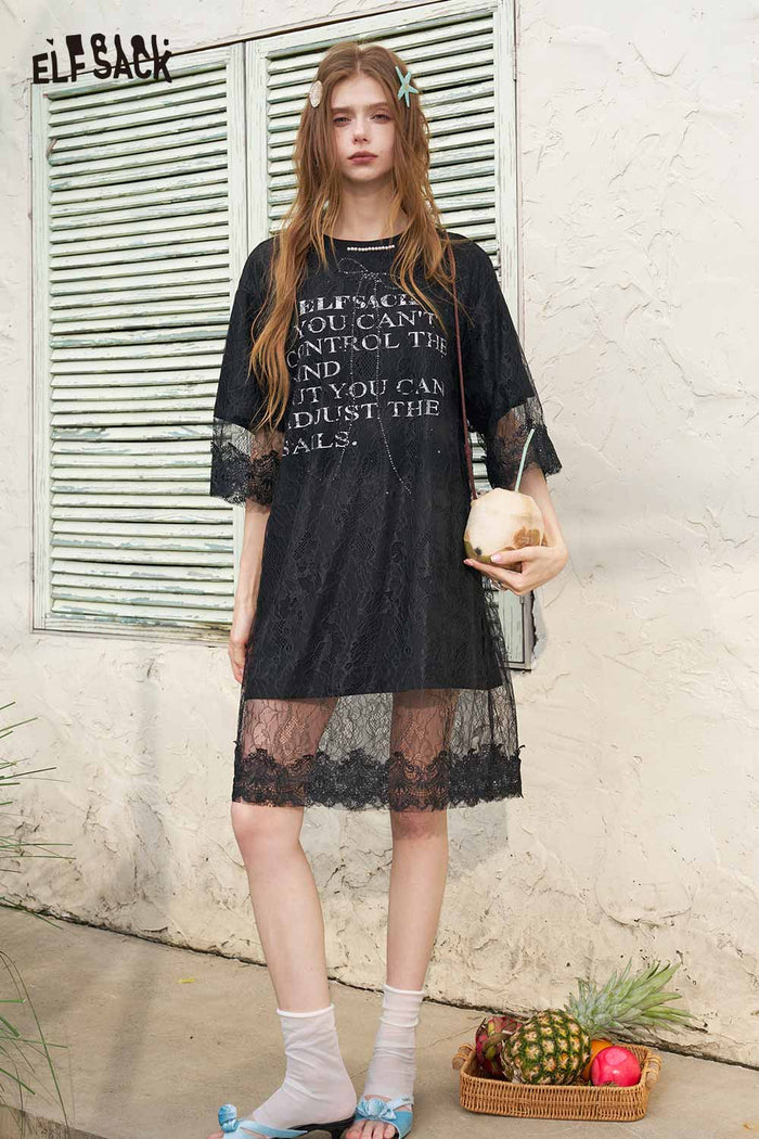 ELFSACK Rhinestone Bow Lace Patchwork T Shirt Dress