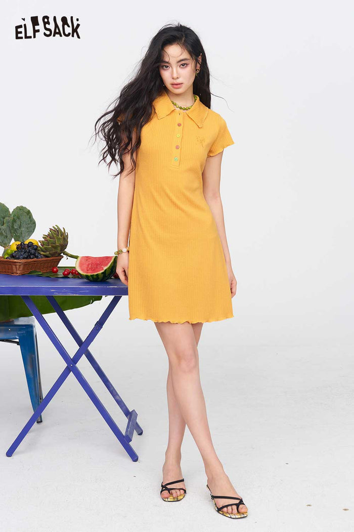 ELFSACK Ribbed Knit Polo Midi Dress