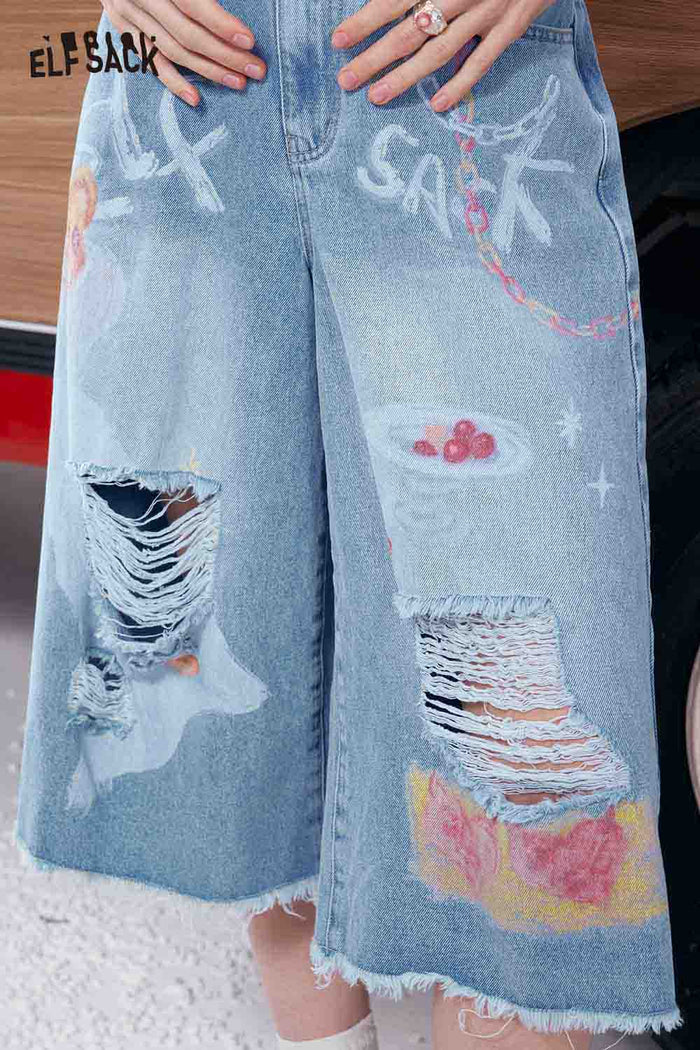 ELFSACK Ripped Graffiti Wide Leg Culotte Jeans