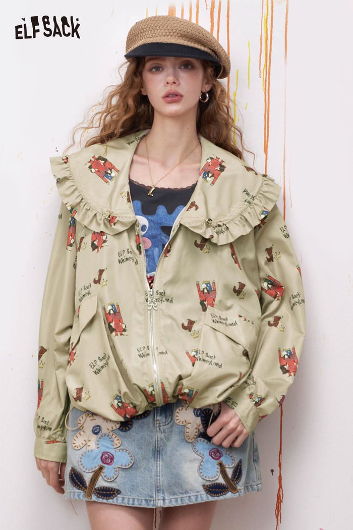 ELFSACK Romantic Print Romantic Printed Jacket with Ruffled Drawstring Neckline