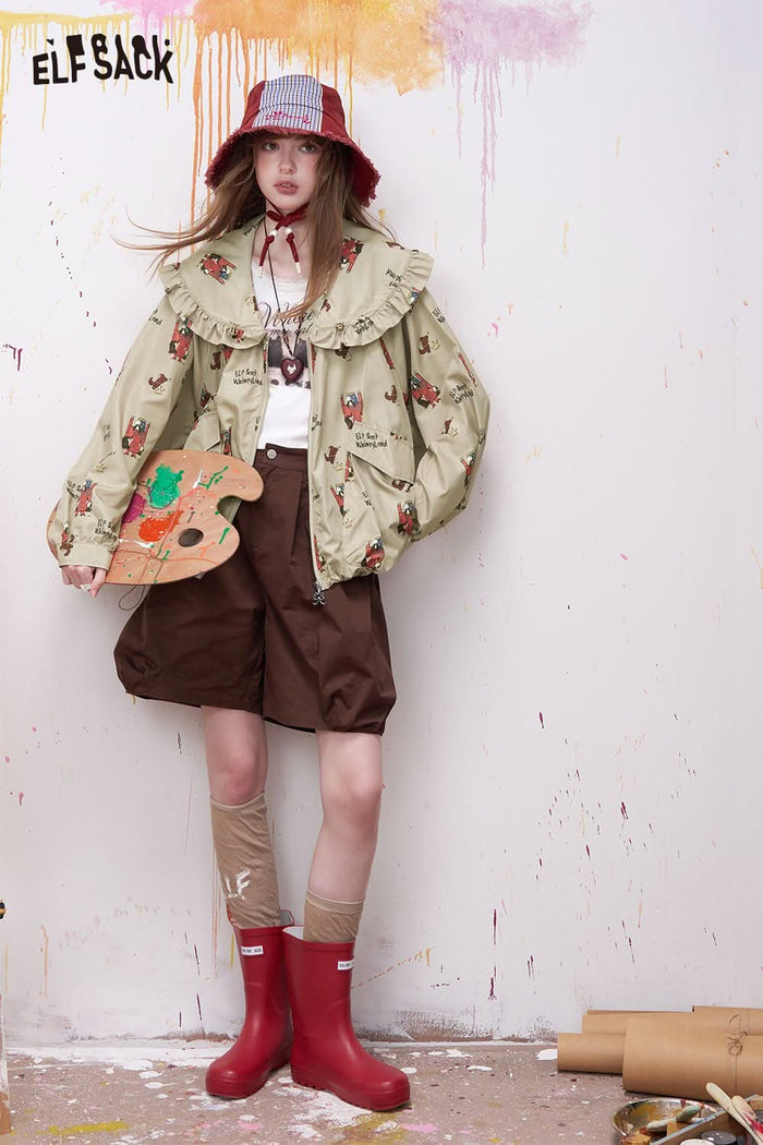 ELFSACK Romantic Print Romantic Printed Jacket with Ruffled Drawstring Neckline