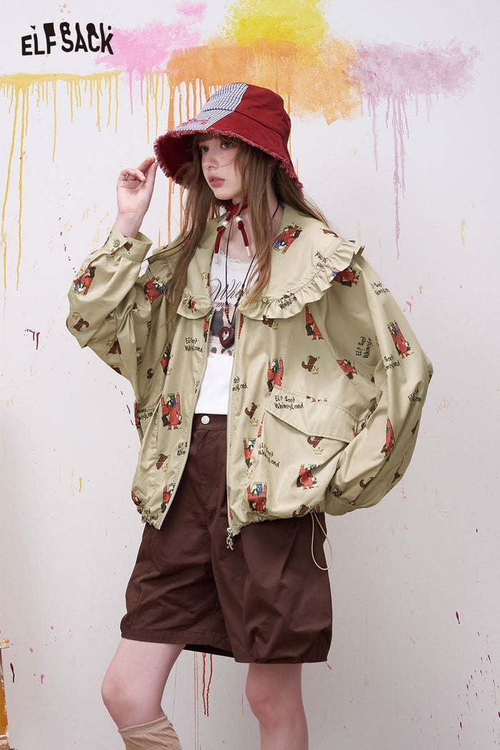 ELFSACK Romantic Print Romantic Printed Jacket with Ruffled Drawstring Neckline