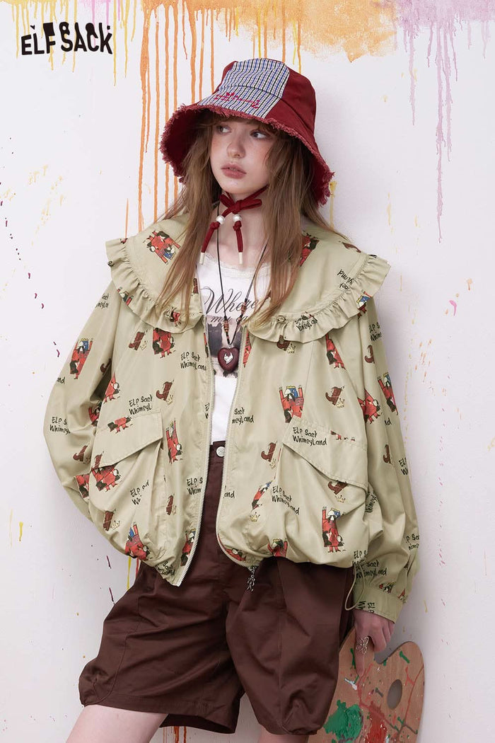 ELFSACK Romantic Print Romantic Printed Jacket with Ruffled Drawstring Neckline