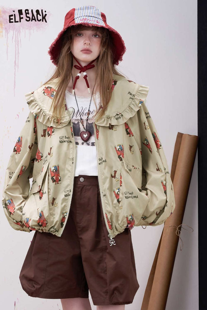 ELFSACK Romantic Print Romantic Printed Jacket with Ruffled Drawstring Neckline