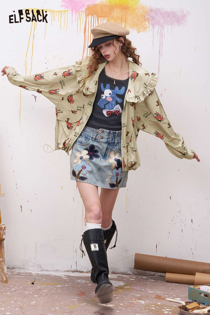 ELFSACK Romantic Print Romantic Printed Jacket with Ruffled Drawstring Neckline
