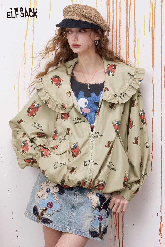 ELFSACK Romantic Print Romantic Printed Jacket with Ruffled Drawstring Neckline