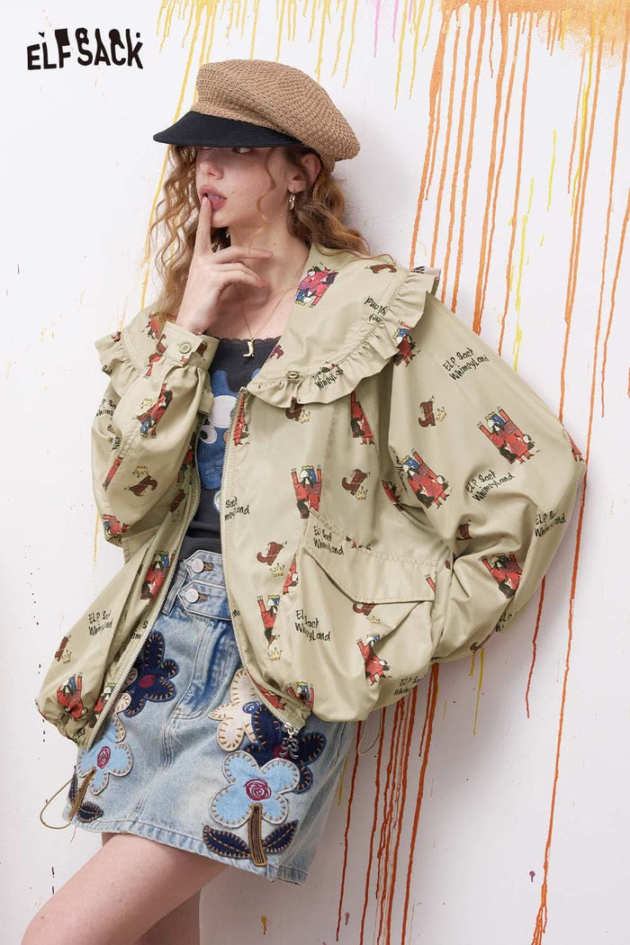 ELFSACK Romantic Print Romantic Printed Jacket with Ruffled Drawstring Neckline