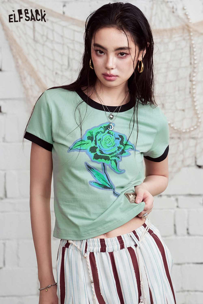 ELFSACK Rose Print Color-Block Trim Cropped T-Shirt