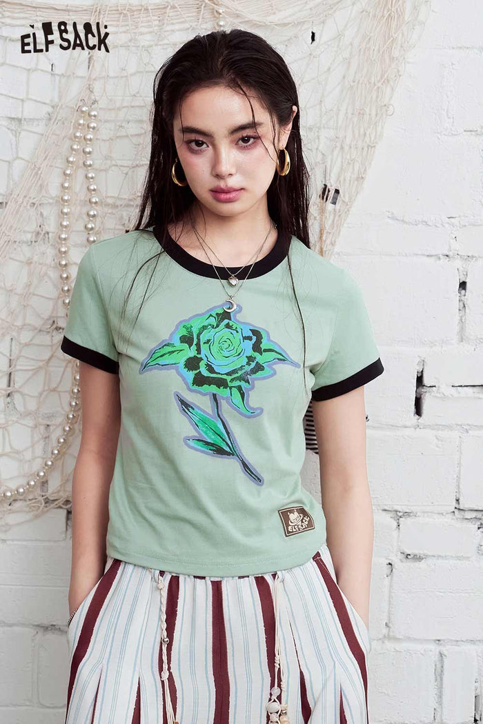 ELFSACK Rose Print Color-Block Trim Cropped T-Shirt