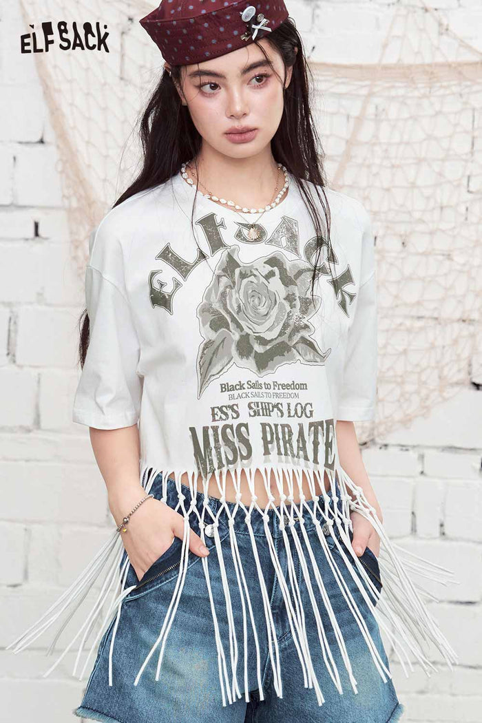 ELFSACK Rose Print Fringe Cropped Oversized T-Shirt