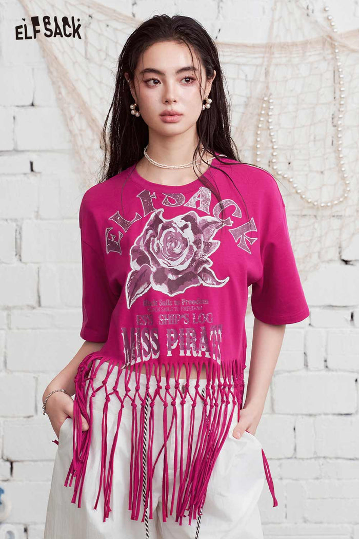 ELFSACK Rose Print Fringe Cropped Oversized T-Shirt