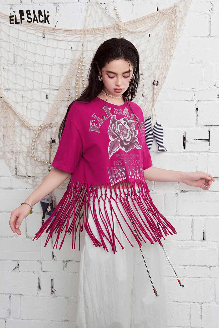 ELFSACK Rose Print Fringe Cropped Oversized T-Shirt