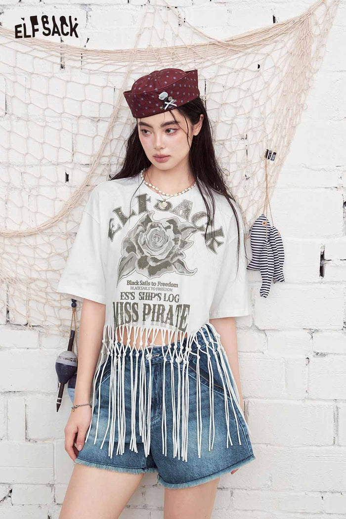 ELFSACK Rose Print Fringe Cropped Oversized T-Shirt
