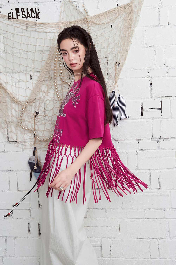 ELFSACK Rose Print Fringe Cropped Oversized T-Shirt