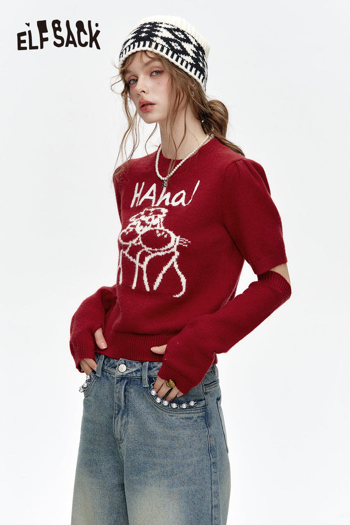 ELFSACK Round neck, two-section sleeves, red sweater