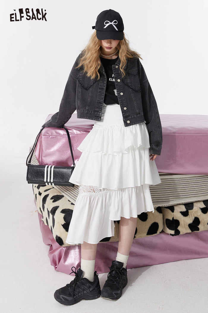 ELFSACK Ruffle Asymmetric Plaid Tiered Midi Skirt