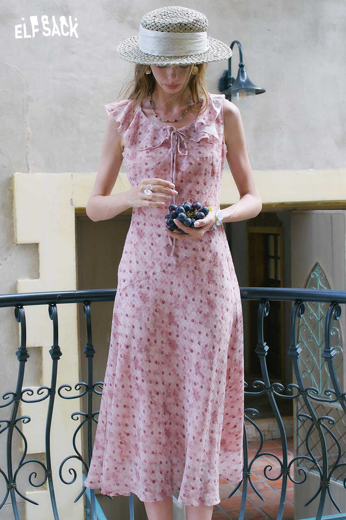 ELFSACK Ruffle Collar Floral Chiffon Midi Dress