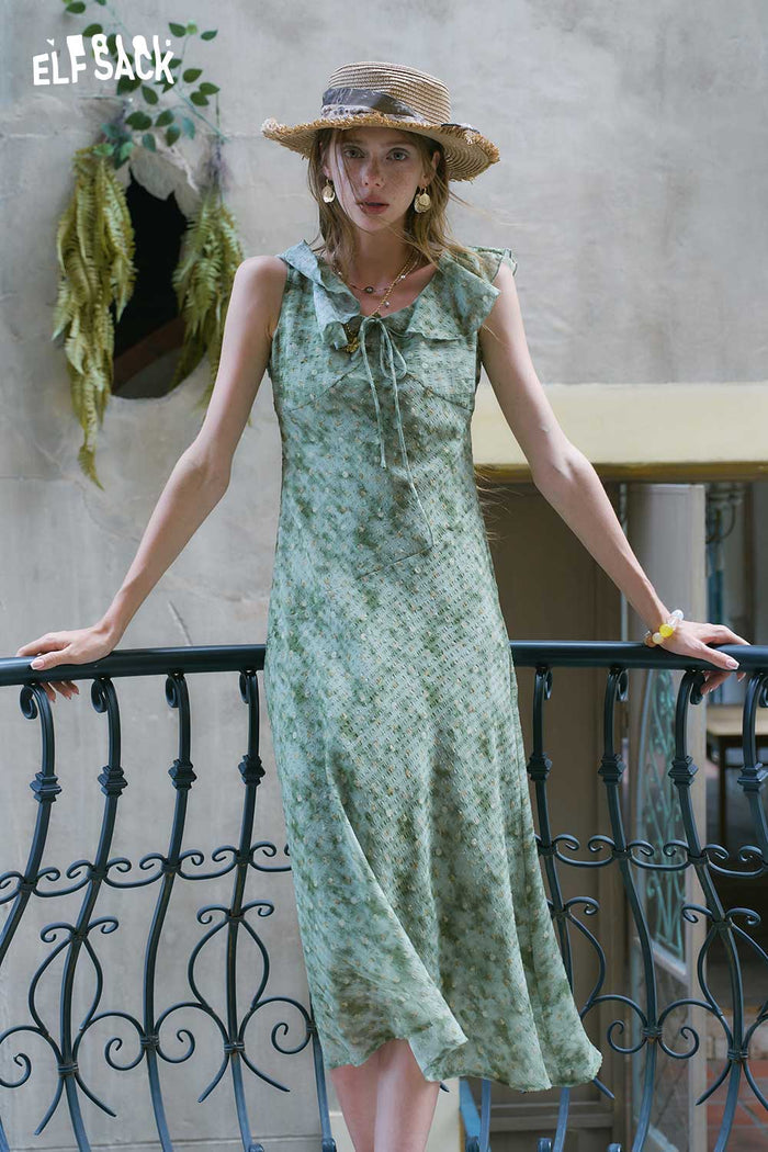ELFSACK Ruffle Collar Floral Chiffon Midi Dress