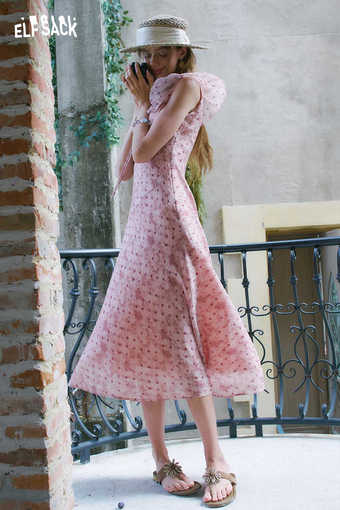 ELFSACK Ruffle Collar Floral Chiffon Midi Dress