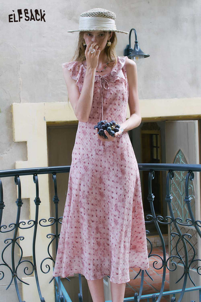 ELFSACK Ruffle Collar Floral Chiffon Midi Dress