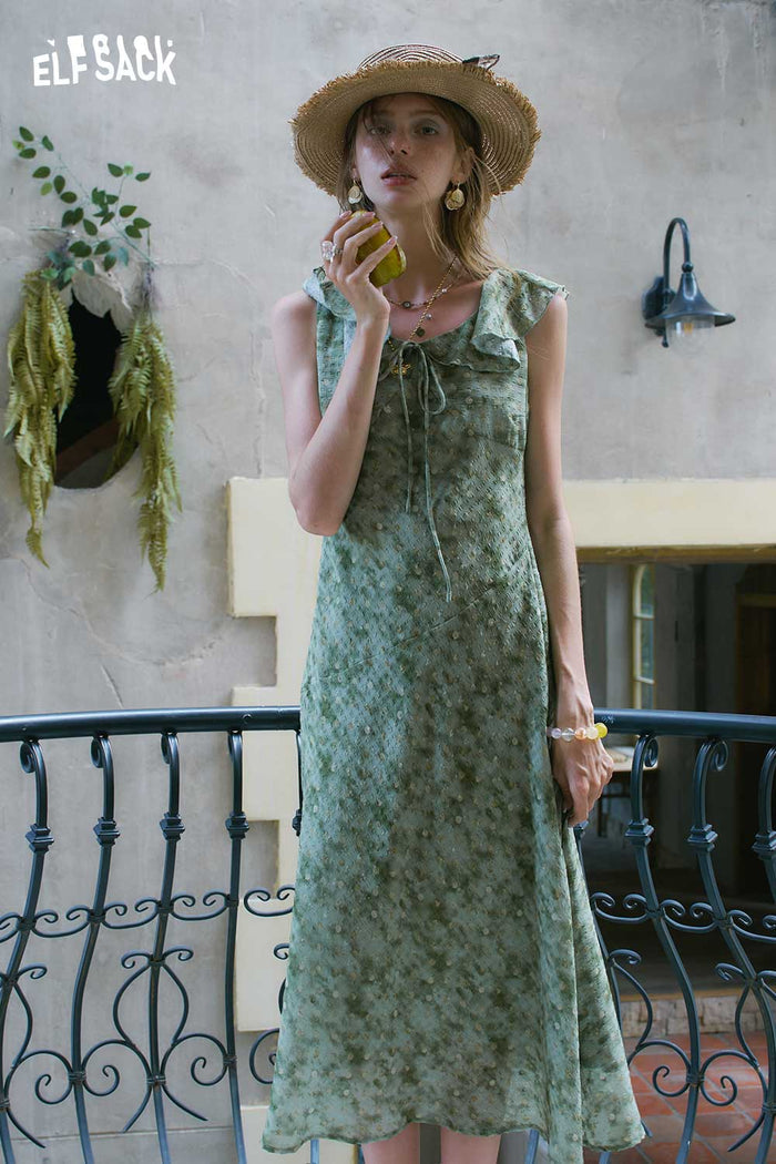 ELFSACK Ruffle Collar Floral Chiffon Midi Dress
