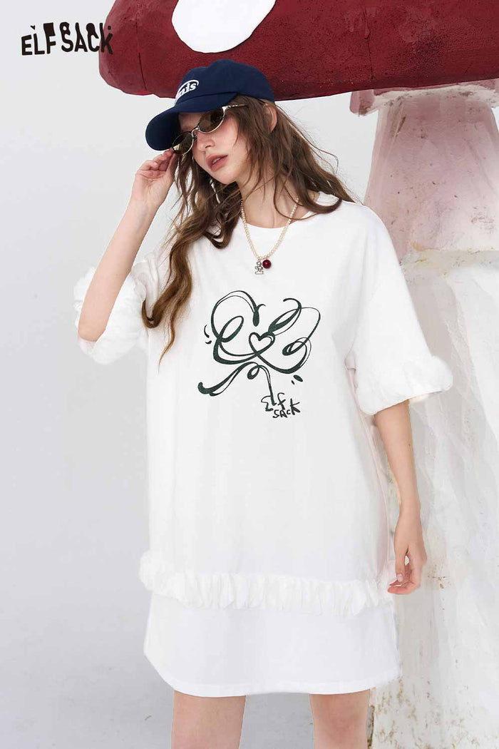ELFSACK Ruffle Hem Graffiti Print T-Shirt Dress