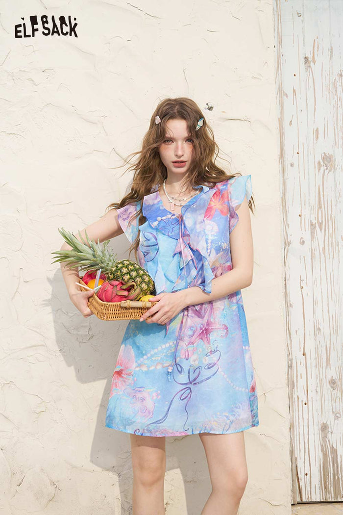 ELFSACK Ruffle Sleeve Ocean Print Chiffon Mini Dress