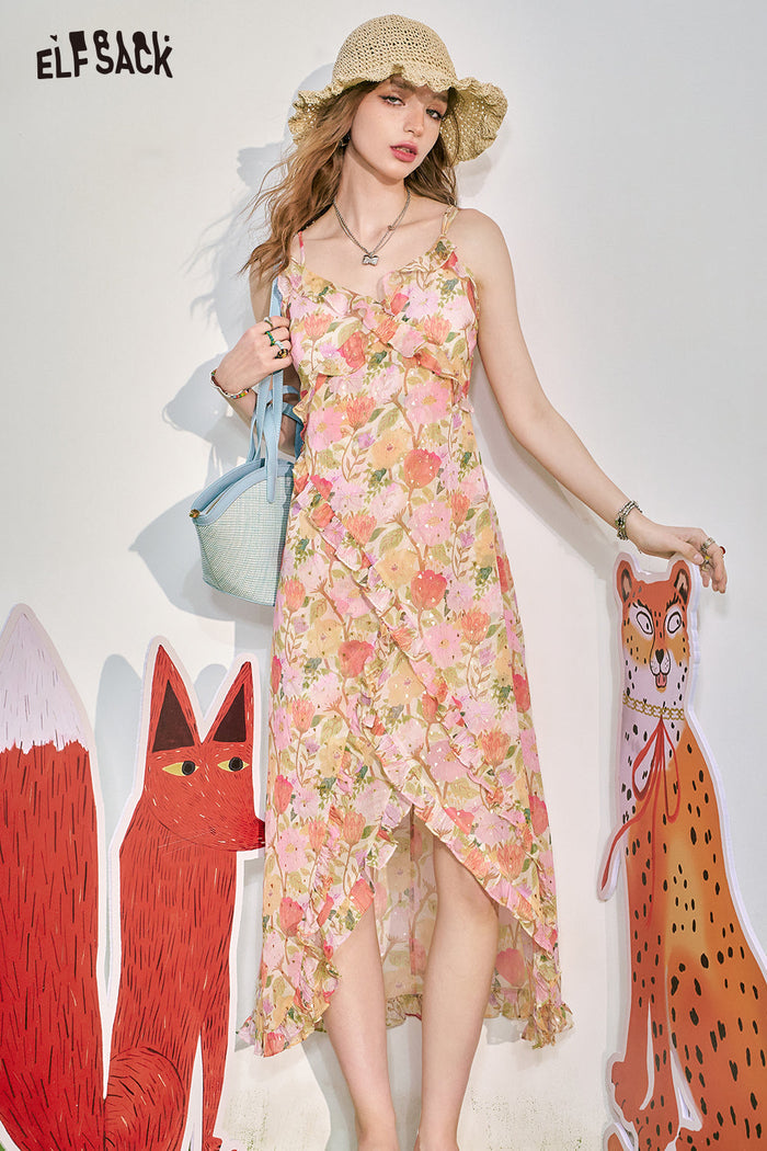 ELFSACK Ruffle Split Floral Slip Dress