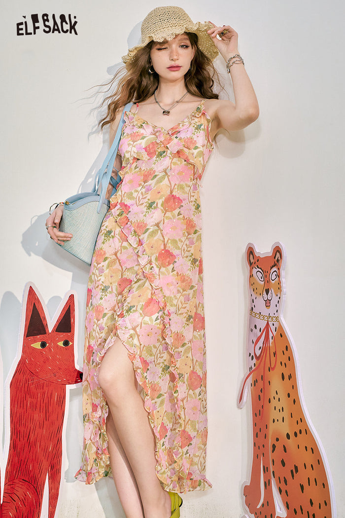 ELFSACK Ruffle Split Floral Slip Dress