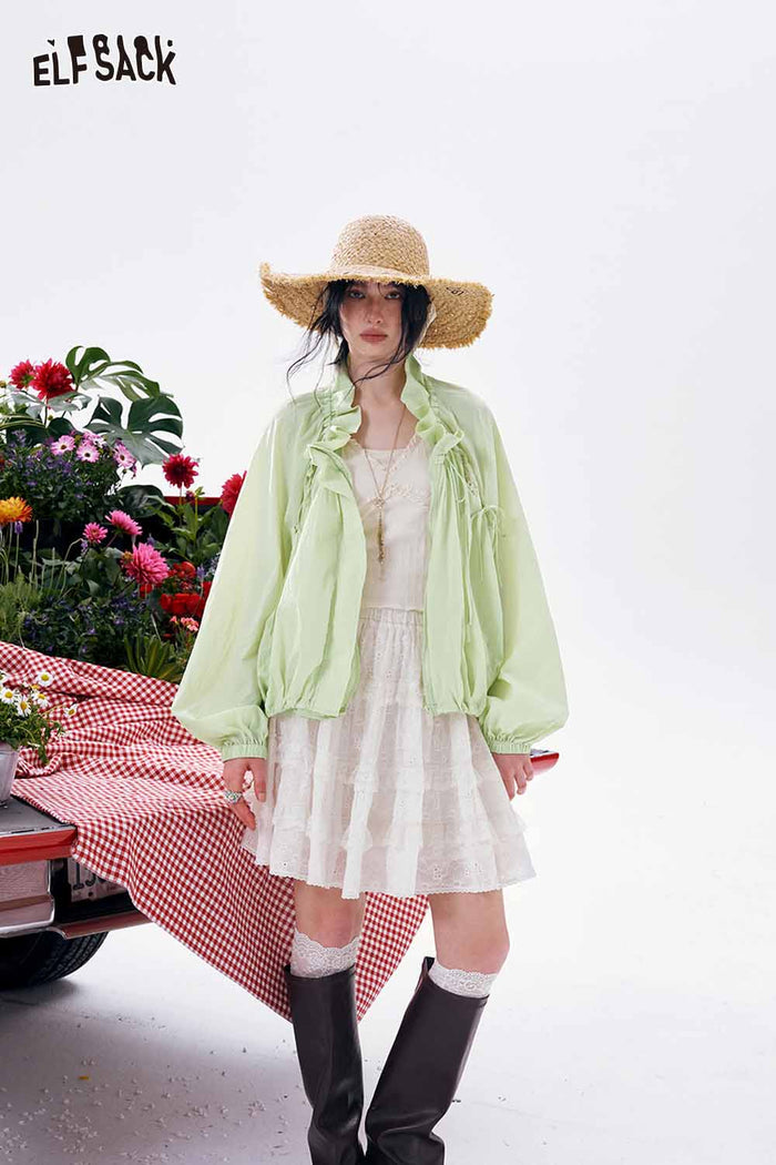 ELFSACK Ruffle Tie Neck Cropped Lace Jacket